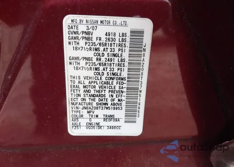 2007 Nissan Murano Sl from USA, damaged, VIN JN8AZ08T37W519953